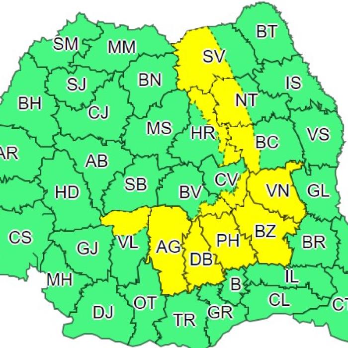 ANM. Cod galben AVERSE în 12 județe. HARTA