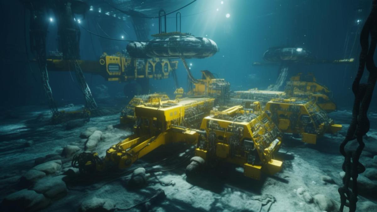 there-are-many-yellow-machines-water-with-submarine-background-generative-ai_97218200