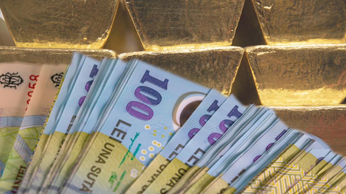 Bancnote de 100 de lei si lingouri de aur