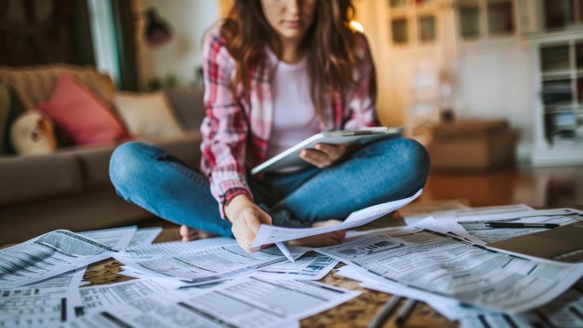 Femeie face ordine intre hartii si face socoteli