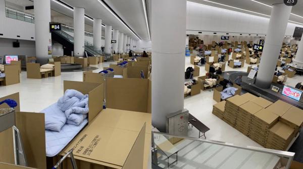 Paturi din carton, montate pe un mare aeroport