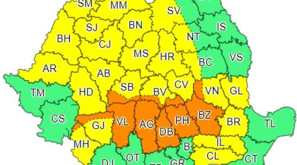Coduri Portocalii de PLOI, VIJELII ȘI CANICULĂ. Harta