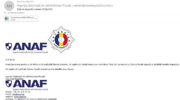 Avertisment al DNSC asupra mail-urilor infectate care folosesc sigla ANAF