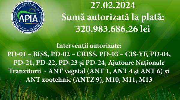 APIA, plăţi autorizate marţi în valoare de peste 320 milioane lei