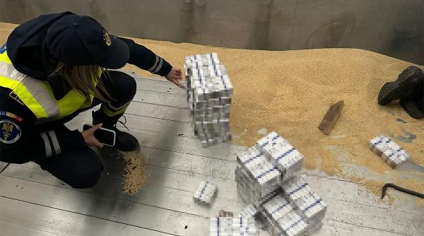 Captură de țigări fără timbru fiscal într-un camion încărcat cu furaje de soia